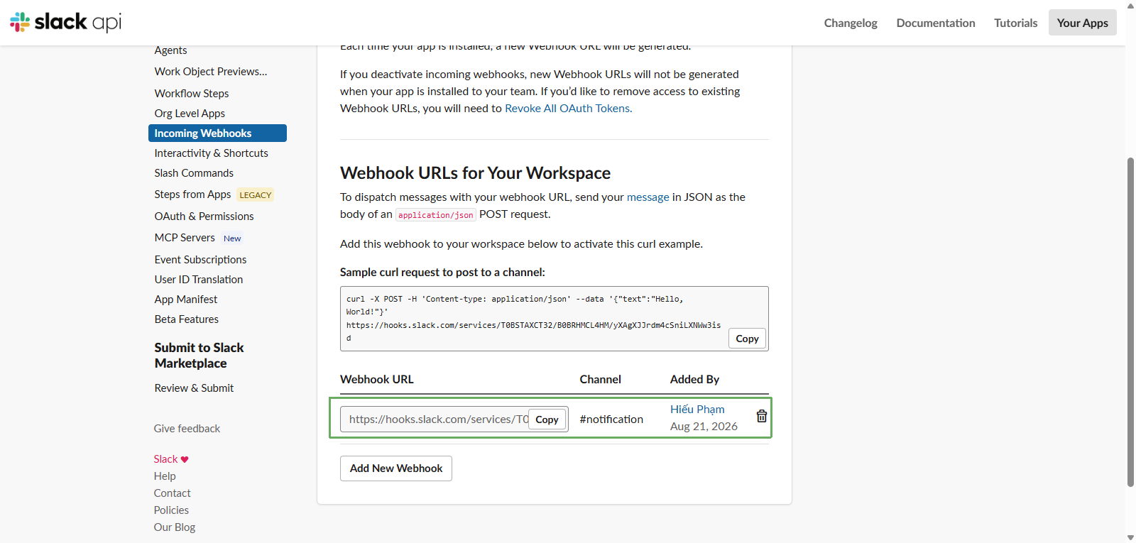 Copy Webhook URL